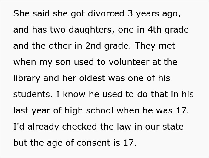 Screenshot of post text detailing background info on the son's GF and state age of consent laws. Screenshot of post text detailing background info on the son's GF and state age of consent laws.
