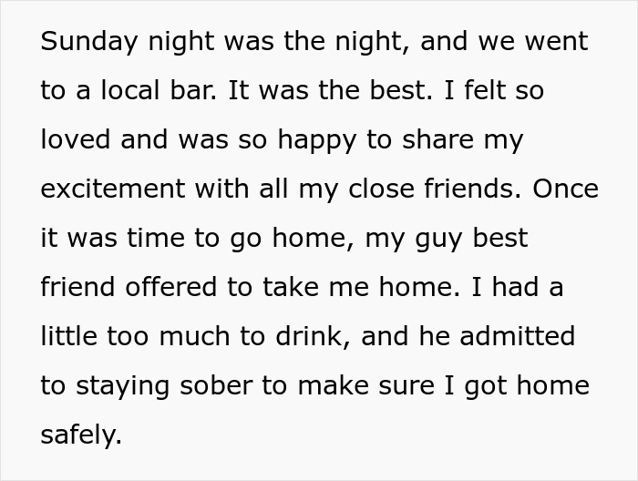 Text post about a night out where a bestie stays sober, related to the guy waiting 20 years to tell bestie he loves her. Text post about a night out where a bestie stays sober, related to the guy waiting 20 years to tell bestie he loves her.