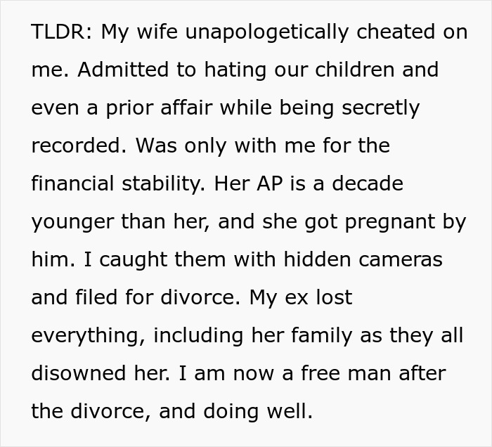 A summary text about catching a secret affair, a wife’s pregnancy by another man, and the subsequent divorce. A summary text about catching a secret affair, a wife’s pregnancy by another man, and the subsequent divorce.