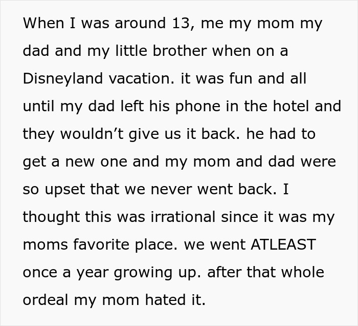 Screenshot of text explaining why the parents hate Disneyland because of a lost phone hotel incident. Screenshot of text explaining why the parents hate Disneyland because of a lost phone hotel incident.
