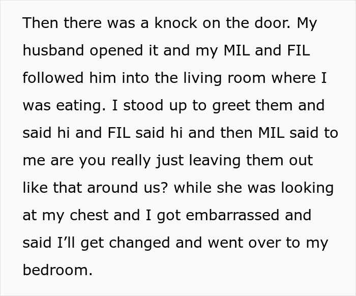 Text post describing an interaction where a MIL shames DIL for not wearing a bra.