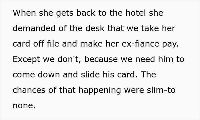 A black on white text image about a bridezilla asking a hotel desk to make her ex-fiance pay with his card
