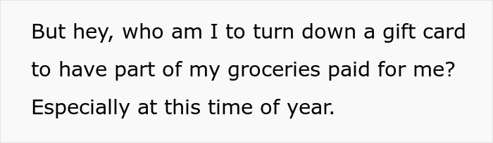 A text screenshot about accepting a gift card for groceries A text screenshot about accepting a gift card for groceries