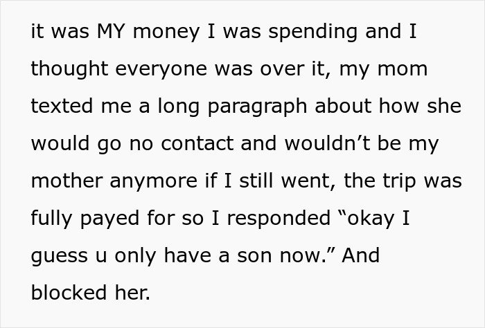 Text snippet showing a daughter deciding to block her mother over a Disneyland trip disagreement. Text snippet showing a daughter deciding to block her mother over a Disneyland trip disagreement.