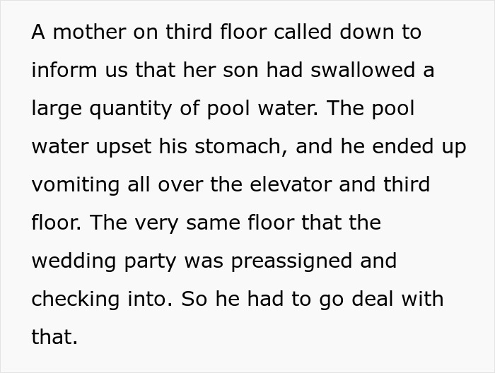 A text post about an elevator incident on the same floor where a bridezilla group booked 70 hotel rooms