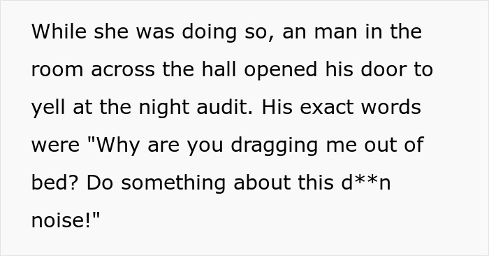 A screenshot explaining a neighbor complaining about the noise from a bridezilla ruins hotel rooms party