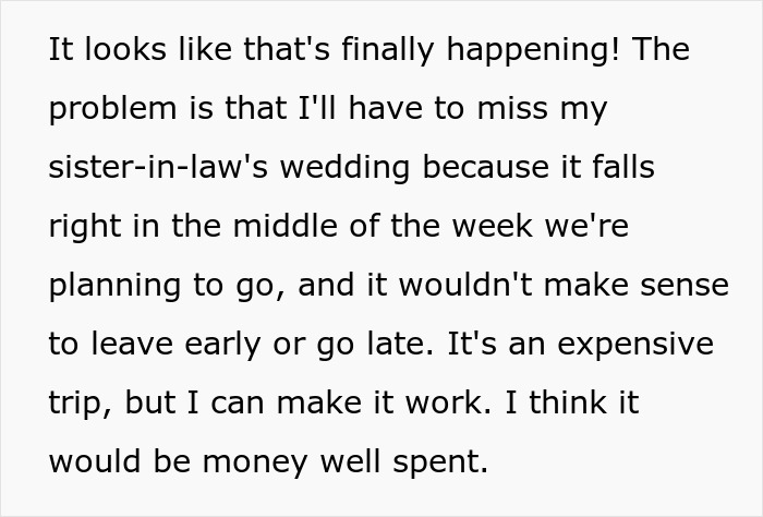 Text post explaining the conflict between attending a SIL wedding and taking an Australia trip. Text post explaining the conflict between attending a SIL wedding and taking an Australia trip.