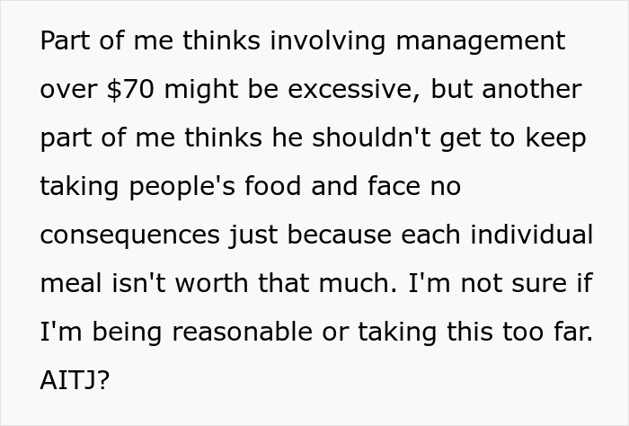 A text screenshot asking for advice on reporting a coworker for stolen lunches to management.