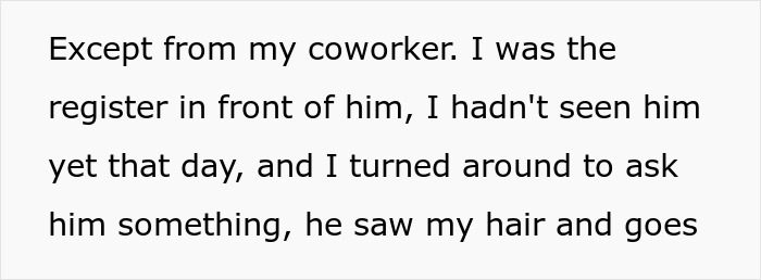 Text describing a situation where a coworker insults a woman's hair at work.