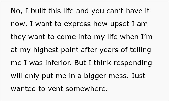 A social media post about parents dismiss son's achievements, expressing frustration after years of estrangement. A social media post about parents dismiss son's achievements, expressing frustration after years of estrangement.
