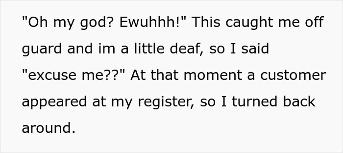 A story where a coworker insults woman's hair at work while she is helping a customer.