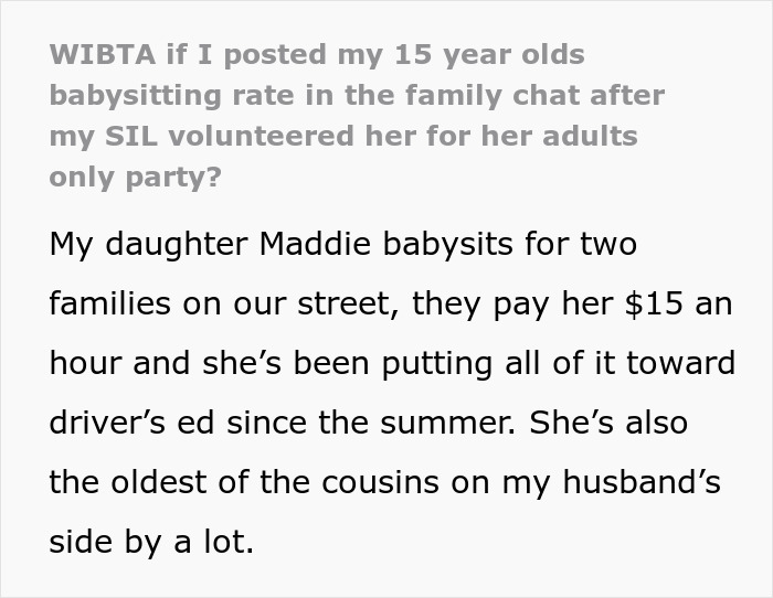 Screenshot of an online post about an entitled aunt Halloween invite and babysitting rates.