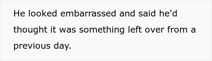 Text explaining an embarrassed reaction when a guy treats coworker's lunches like a free office buffet