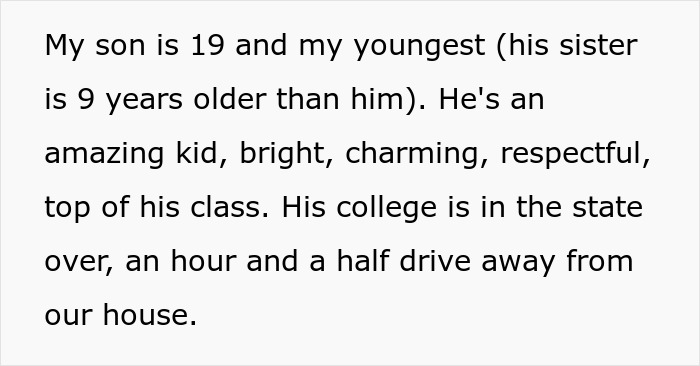 Text describing a proud mom sharing details about her 19 year old son Text describing a proud mom sharing details about her 19 year old son