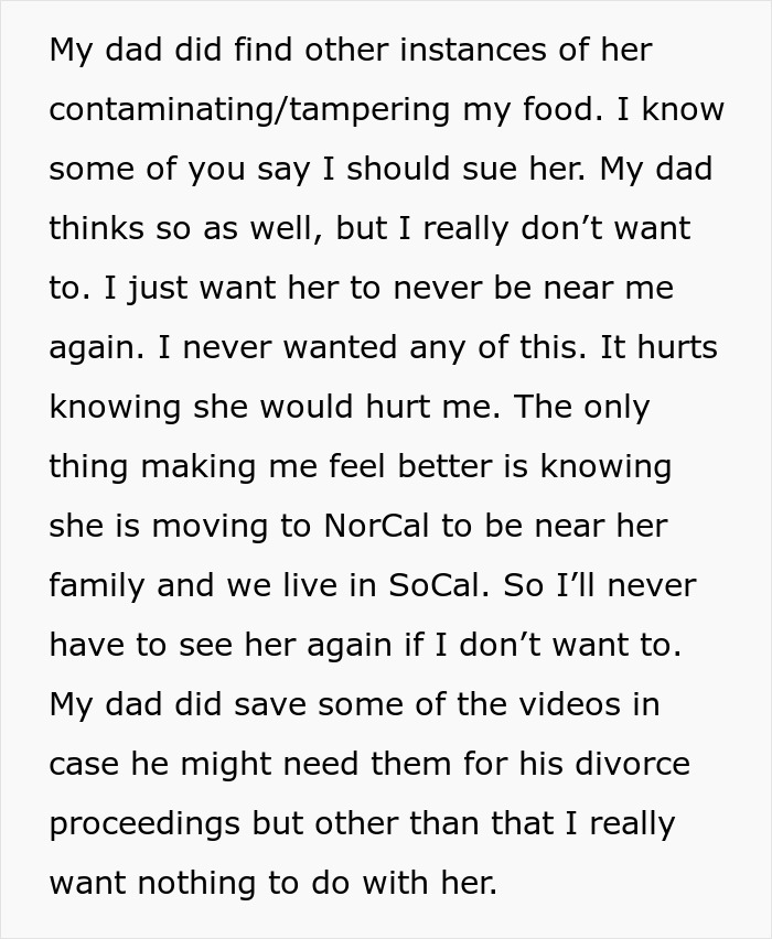 A screenshot of text describing a stepchild’s food being tampered with before a divorce.