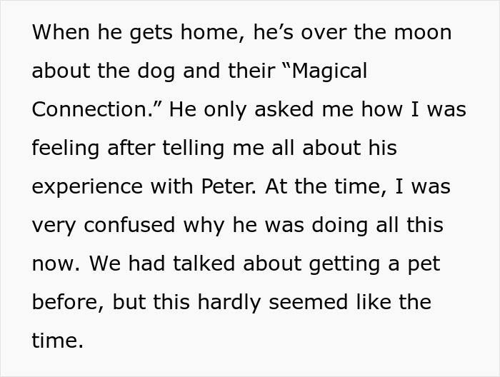 Black text on a white background explaining a boyfriend's excitement over getting a large dog