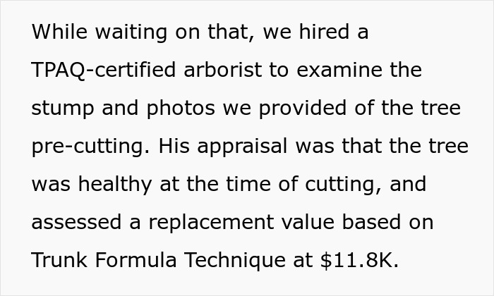 Text explaining that an arborist valued the cut down oak tree replacement at 11.8k dollars. Text explaining that an arborist valued the cut down oak tree replacement at 11.8k dollars.