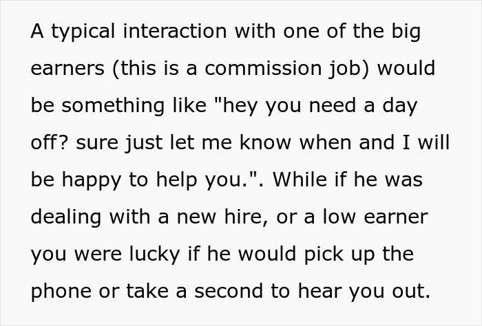 Reddit text illustrating how a bad boss treats new hires poorly, setting up his eventual downfall