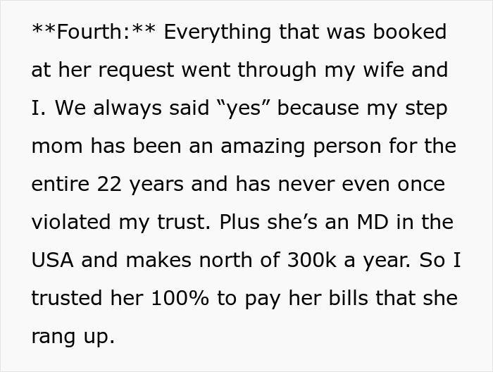 Text about wedding expenses approved by groom's stepmom trusted to pay bills