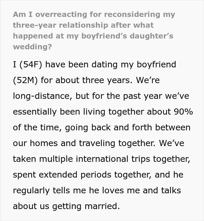 Reddit post of a woman reconsidering her relationship ahead of a daughter's wedding Reddit post of a woman reconsidering her relationship ahead of a daughter's wedding