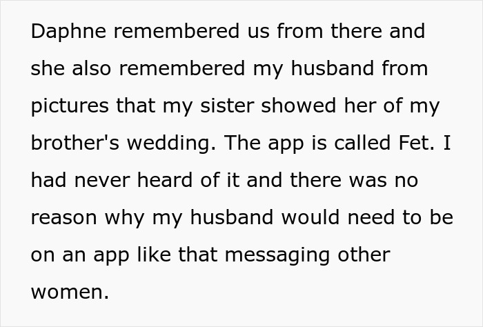Text explanation about discovering husband's dating app Fet profile messaging other women