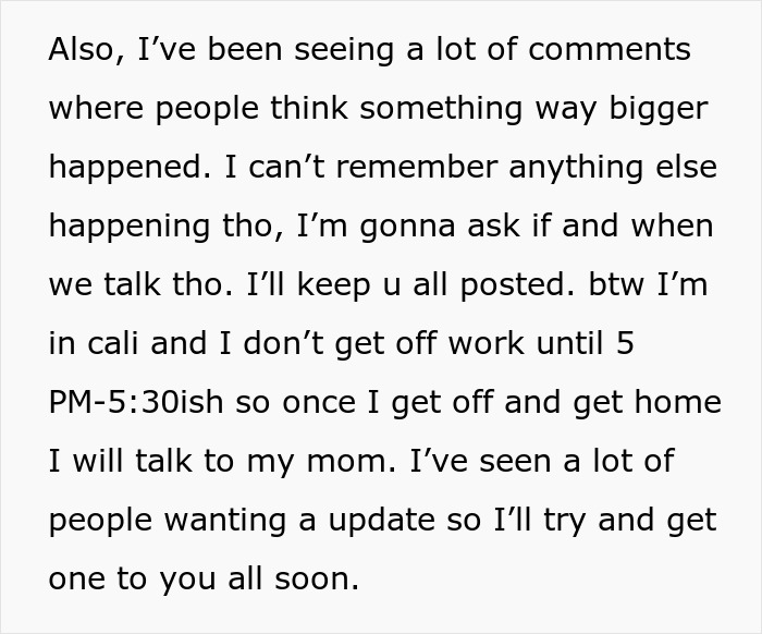 Reddit post screenshot detailing a woman waiting to get off work in California to resolve family drama Reddit post screenshot detailing a woman waiting to get off work in California to resolve family drama