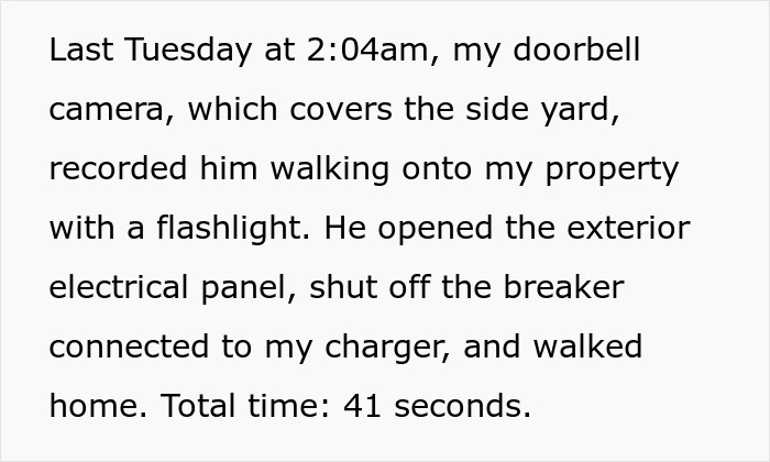 Text describing neighbor tampering with electrical panel to stop EV charger Text describing neighbor tampering with electrical panel to stop EV charger