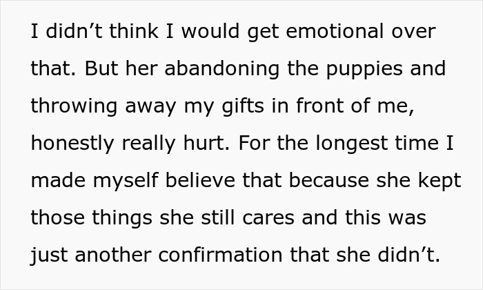 A text post reflecting on emotional hurt caused by a stepmother throwing away gifts.