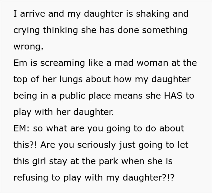 A story snippet describing an unhinged mom screaming at the park and demanding police action against a child. A story snippet describing an unhinged mom screaming at the park and demanding police action against a child.