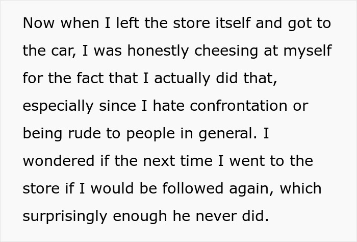 Text reflecting on leaving a store and wondering about being followed again Text reflecting on leaving a store and wondering about being followed again