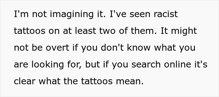 Text image highlighting the realization of racist tattoos on the fiancé's new friends. Text image highlighting the realization of racist tattoos on the fiancé's new friends.