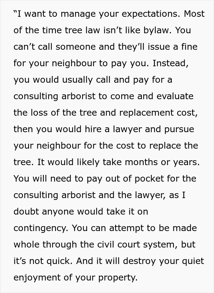 Screenshot of advice on tree law, hiring an arborist, and neighbor litigation costs. Screenshot of advice on tree law, hiring an arborist, and neighbor litigation costs.