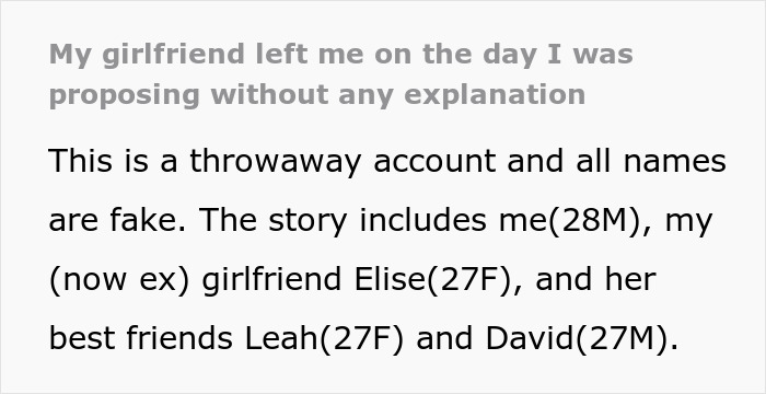Text post about a boyfriend whose girlfriend left on the day of his dream proposal