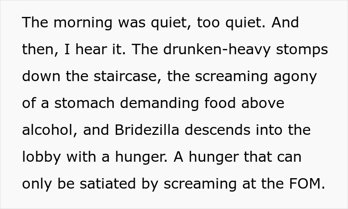 A black text on a white background describing a bridezilla ruining 70 hotel rooms by screaming at the lobby