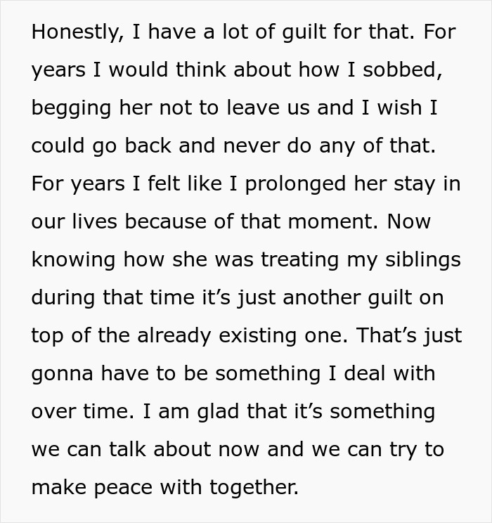 Text post about overcoming guilt after a woman gets caught treating stepchildren unfairly.