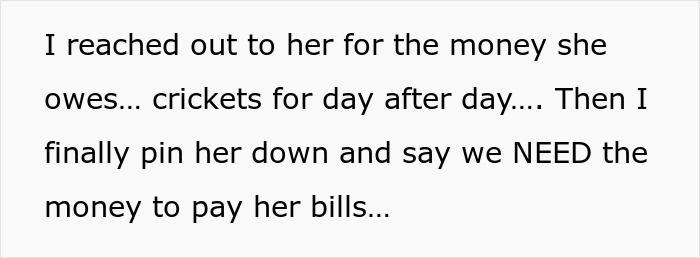 Text excerpt about reaching out to groom's stepmom for owed money with no response