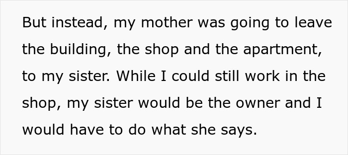 Screenshot of text about mom's favorite daughter getting the building, shop, and apartment. Screenshot of text about mom's favorite daughter getting the building, shop, and apartment.