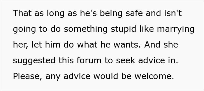 Text post seeking advice as mom struggles with news about her son’s GF. Text post seeking advice as mom struggles with news about her son’s GF.