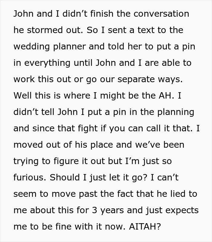 Social media text post recounting the aftermath of discovering a 3-year lie before getting married. Social media text post recounting the aftermath of discovering a 3-year lie before getting married.