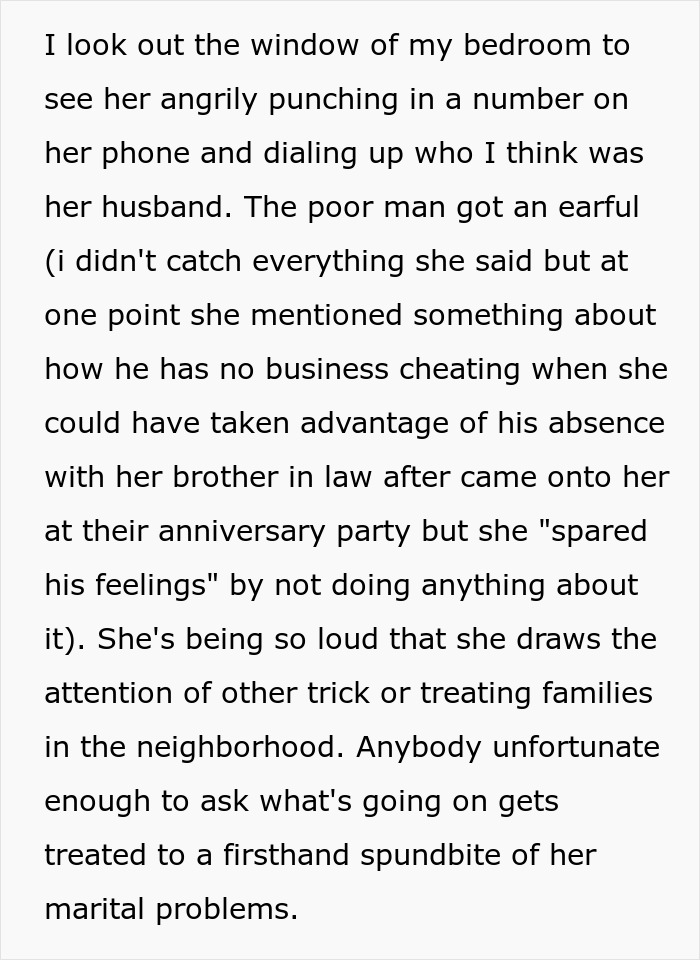 Text story about a mom angrily confronting her husband causing a Halloween candy conflict