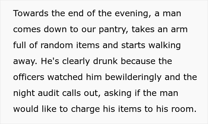 A text story about a drunk man in the pantry, bridezilla ruins 70 hotel rooms.