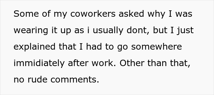Text describing workplace interactions regarding a woman wearing her hair up.
