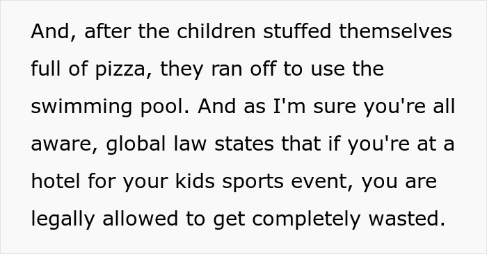 A black on white text image explaining what happened at the hotel when children stuffed themselves with pizza