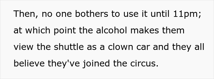 Text explaining how wedding guests viewed the shuttle as a clown car after drinking alcohol