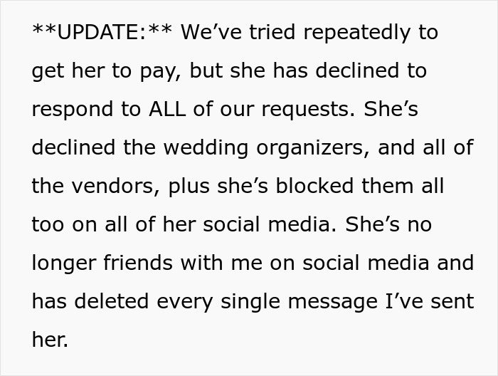 Text update about stepmom refusing to pay wedding bills and blocking contacts