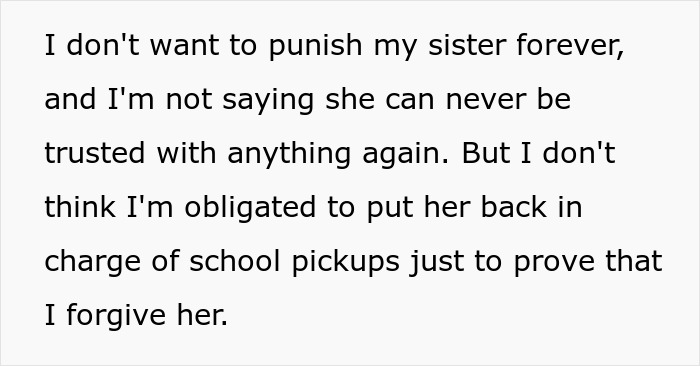 Text post about aunt leaves niece alone at school expressing decision not to put sister in charge of pickups. Text post about aunt leaves niece alone at school expressing decision not to put sister in charge of pickups.
