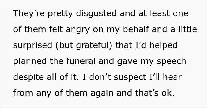 A social post about a woman attending her ex's funeral after uncovering lies. A social post about a woman attending her ex's funeral after uncovering lies.
