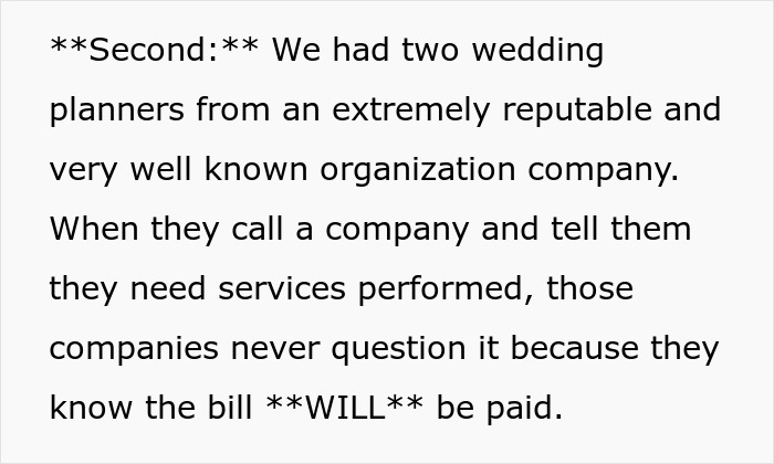 Text explaining reputable wedding planners trusted to be paid for services at wedding