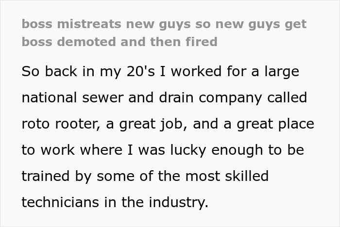 Screenshot of Reddit post about a boss who mistreats employees, gets demoted, and eventually quits