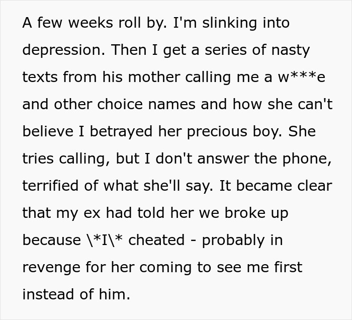 Text describing the hurtful aftermath of a breakup and lies spread by an ex-fiance.